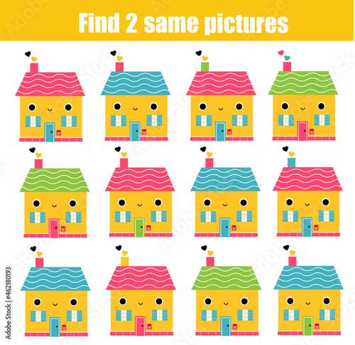 Children educational game. Find two same pictures of cute houses