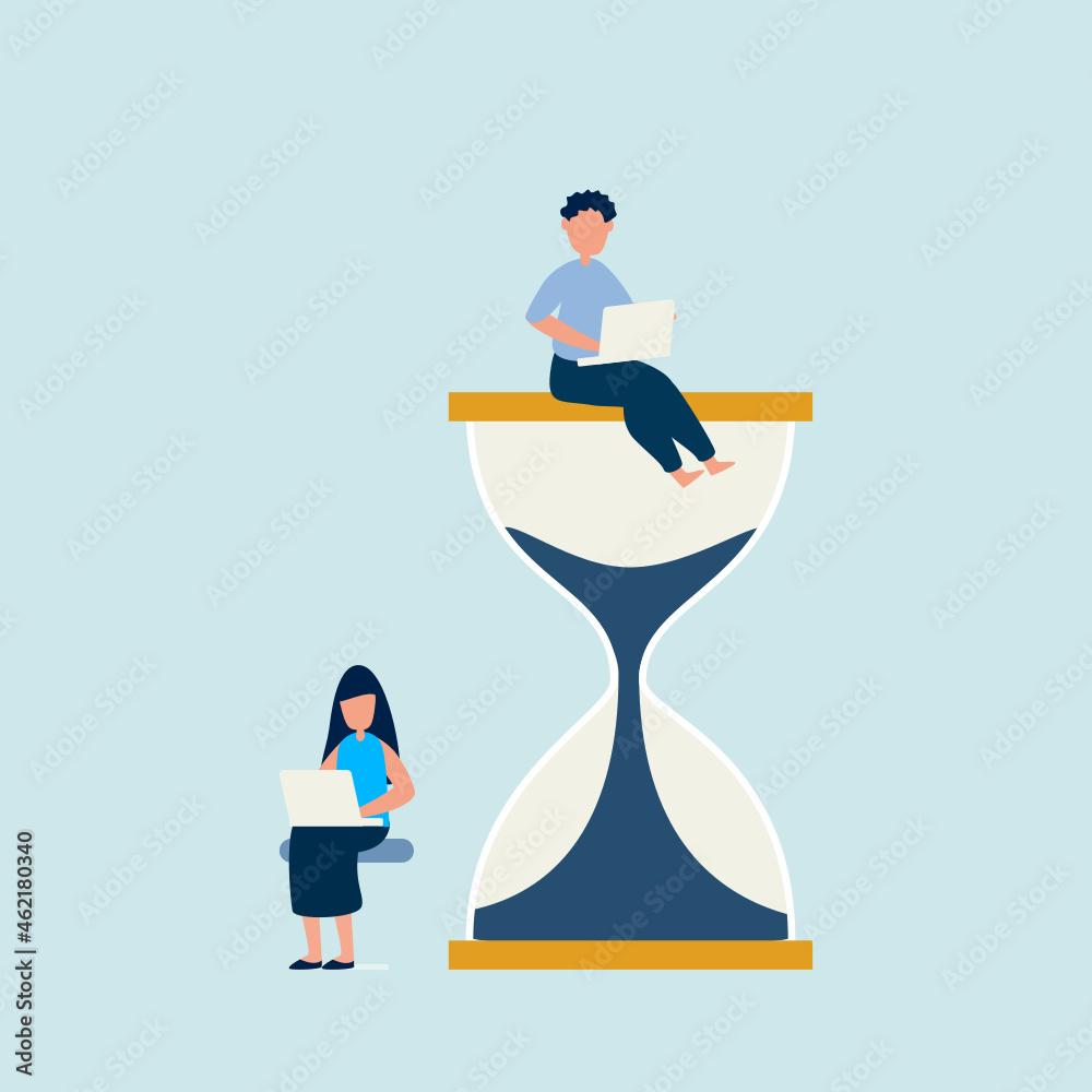 Business working with laptop sitting on the big hourglass.