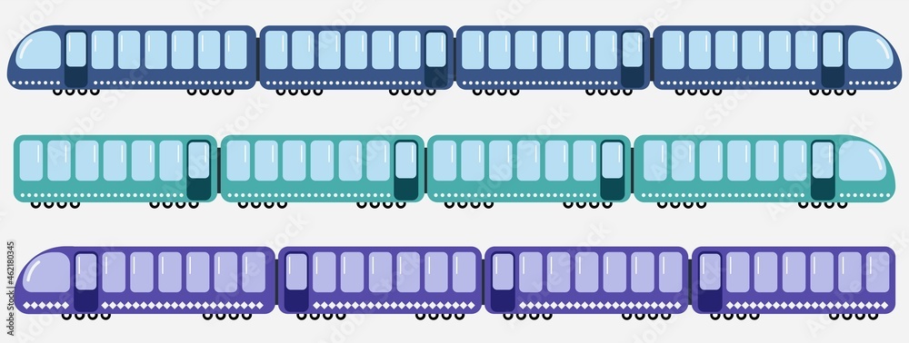 Set of trains on a white isolated background. Flat style. Vector illustration.