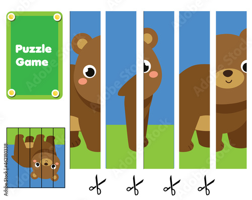 Forest animals Puzzle for toddlers. Match pieces and complete the picture of bear. Educational game for children