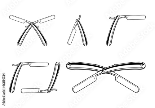 Straight razor set styles vector detailed monochrome illustration isolated on white background