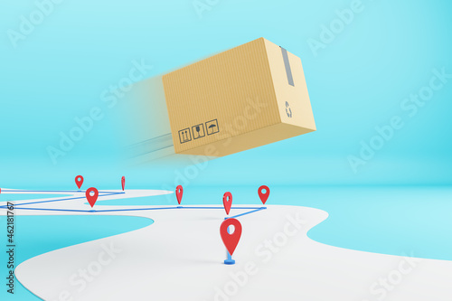 Abstract flying cardboard box above road with location pins on blue background. Express delivery concept. 3D Rendering. photo