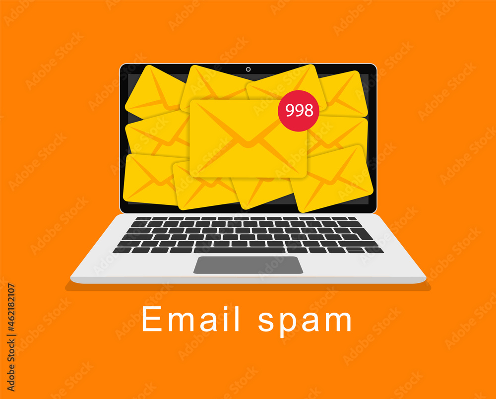 Email spam. Full email inbox of spam. Spam mailbox concept, lot of letters on the monitor screen. Laptop with a lot of envelopes on the screen, the concept of spam, mail hacking, fraud, cyber piracy. - obrazy, fototapety, plakaty 