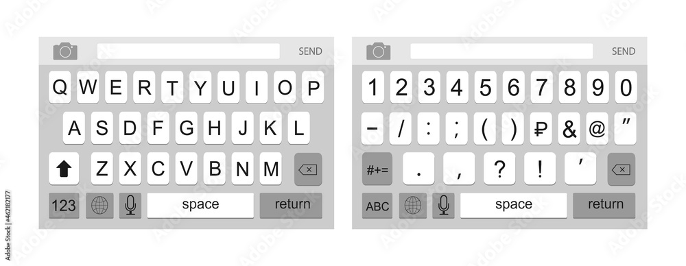 Smartphone keyboard. Keypad alphabet and numbers. Virtual key board for mobile phone. Mockup keypad for a touchscreen device. Social media keyboard for digital device. Flat style. Vector illustration. Smartphone keyboard. Keypad alphabet and numbers. Virtual key board for mobile phone. Mockup keypad for a touchscreen device. Social media keyboard for digital device. Flat style. Vector illustration.