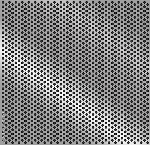 Perforated steel texture. Gray metal background. Stainless steel, aluminum. Grid, silver, grate, spot, grille surface. Vector realistic illustration.