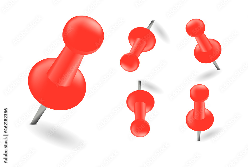 Set of red pins. Pushpin at various angles. Office thumbtacks, needles for paper notice. Pushpins in close up, top view and front view. Vector illustration. Set of red pins. Pushpin at various angles. Office thumbtacks, needles for paper notice. Pushpins in close up, top view and front view. Vector illustration.