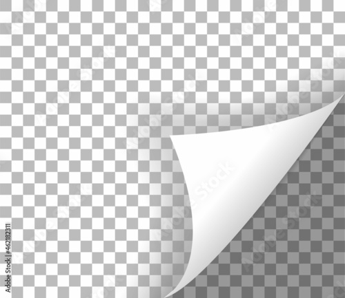 Page curl with shadow. Curled page corner on transparent background. Two places for image or text. Empty sheet of paper with twisted corner. Blank sheet of paper. Vector illustration