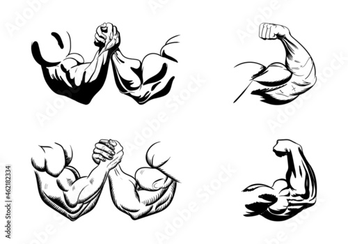 Powerful hand muscle. Strong arm muscles, hard biceps and hands strength outline. Muscular logo, healthy bodybuilding bicep badge or gym logotype. Isolated vector illustration signs set
