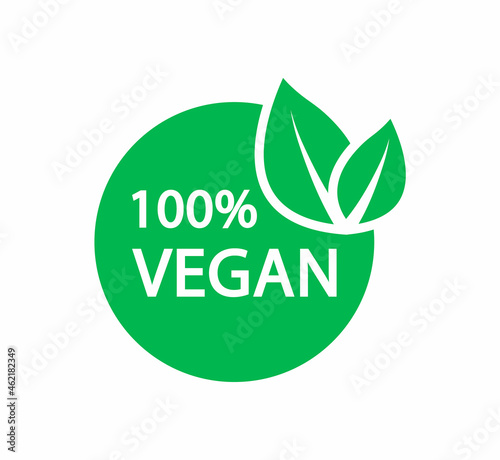 100% vegan vector logo. Vegetarian organic food label badge with leaf. Bio, eco symbols. Vegan, no meat, lactose free, healthy, fresh and nonviolent food. Tag for cafe restaurants packagingdesign.
