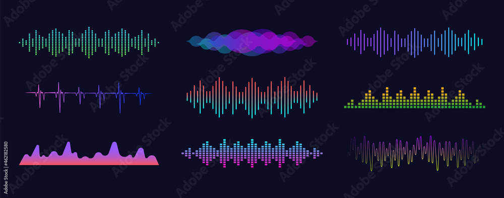 Sound waves set. Multicolored audio equalizer. Audio digital signal. Voice sound wave. Motion sound wave. Music elements for design audio player.