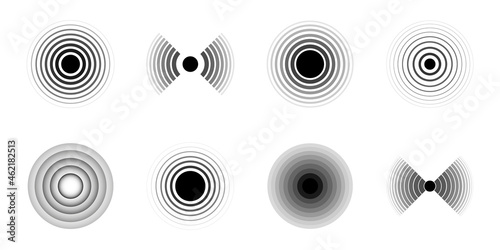 Sonar sound waves. Set of radar black icons. Signal rings. Pain circles. Vector illustration.