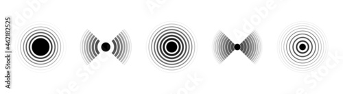 Sonar sound waves. Set of radar black icons. Signal rings. Pain circles. Vector illustration.