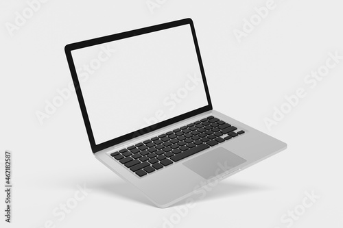 Laptop blank screen mockup isolated on white background for user experience and app design presentation. Side view. Design template for app, UI, websites, or landing pages. 3D render