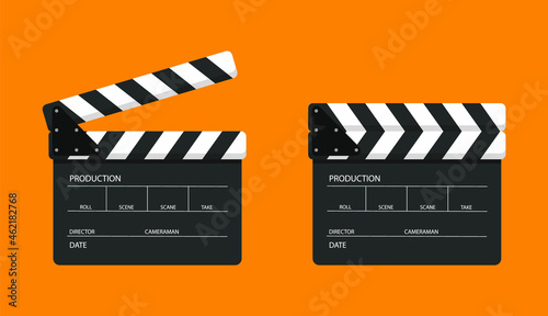 Film clappers boards. Opened and closed movie clap board for cinematography and film production. Movie clapper front view. Vector