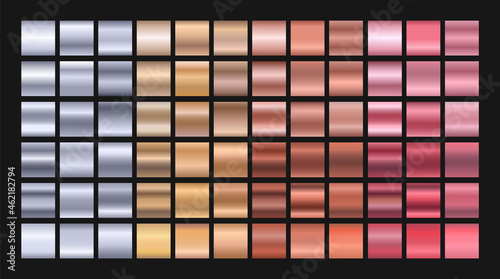Set of metallic gradients. Gold, silver, bronze and rose gradients. Collection of shiny gradient colors. Different metal gradients. Vector