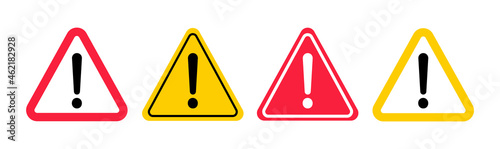 Set of danger, warning and attention signs. Attention sign with exclamation mark. Hazard warning symbol. Prohibition sign. Vector Illustration.