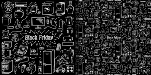 Black Friday household appliances set and seamless pattern