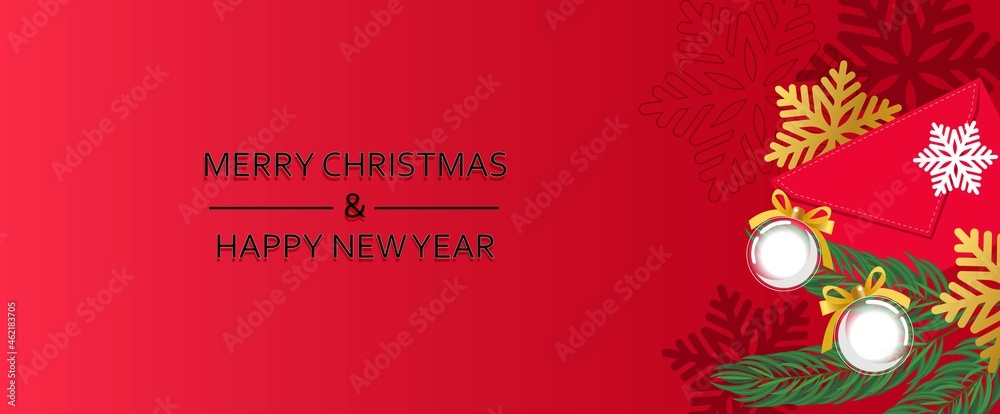 Merry Christmas and New Year horizontal banner. Tree toy, christmas tree, envelop, snowflake on red background. Merry Christmas and New Year horizontal banner. Tree toy, christmas tree, envelop, snowflake on red background.