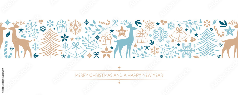 christmas card with deer berry star gift and snowflake border - obrazy, fototapety, plakaty 