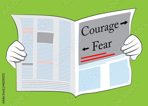 Business Newspaper with the Courage and fear text with arrows as headline. Vector cartoon illustration.