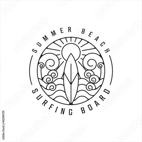 tropical island line art logo minimalist simple vector illustration template icon design. surf board and summer beach wave linear concept with circle badge typography