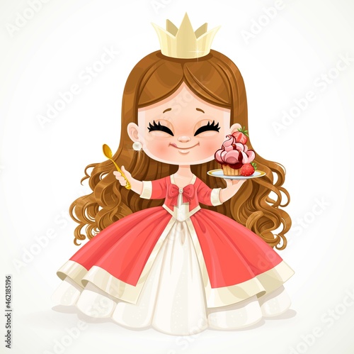 Cute baby princess with long brunette hair in red dress with cream cake with chocolate icing and strawberries isolated on a white background