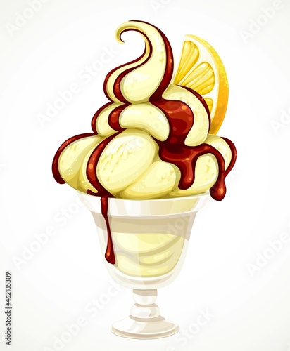 Soft lemon ice cream with lemon wedge and chocolate topping in a bowl isolated on a white background