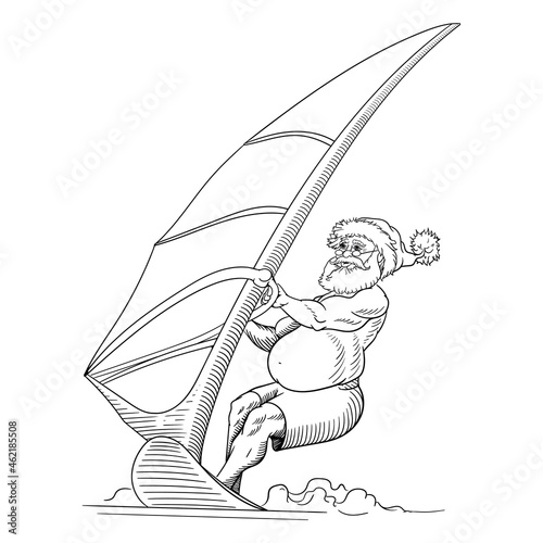 Happy Australia Santa Claus on windsurfing on a sea big wave, vector illustration