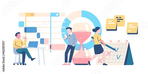 Time management. Office employees distribute tasks in gliders. Effective work planning. High productivity teamwork. Job scheduling. People with hourglass and calendar. Vector concept