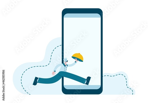Online food ordering. Home delivery via your device and app. Direct online delivery concept, 24-hour cafe or restaurant during quarantine or a busy work day.