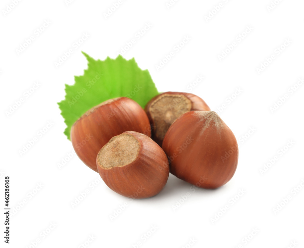 Tasty organic hazelnuts and leaf on white background Tasty organic hazelnuts and leaf on white background