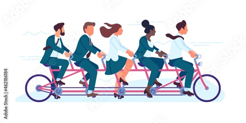 Business team ride bicycle. Collective work. People drive multicycle. Men and woman moving bike by joint efforts. Achieving goal. Workers biking. Successful partnership. Vector concept