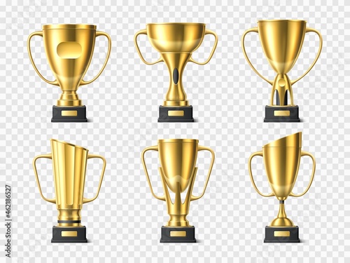 Realistic golden trophy cups. Metal winning awards. Different 3D shapes of championship gold prizes. Blank glossy competition gifts. Honour and glory. Vector first place rewards set