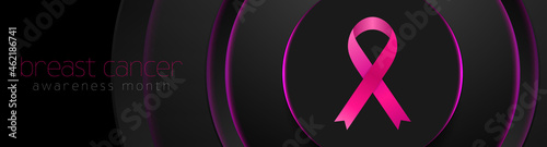 Breast cancer awareness month. Neon circles background and pink ribbon tape. Women healthcare abstract vector banner design