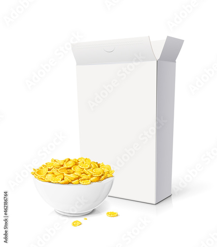 Cornflakes in ceramic bowl. Traditional dry corn flakes breakfast food, Isolated on white background. Vector illustration.
