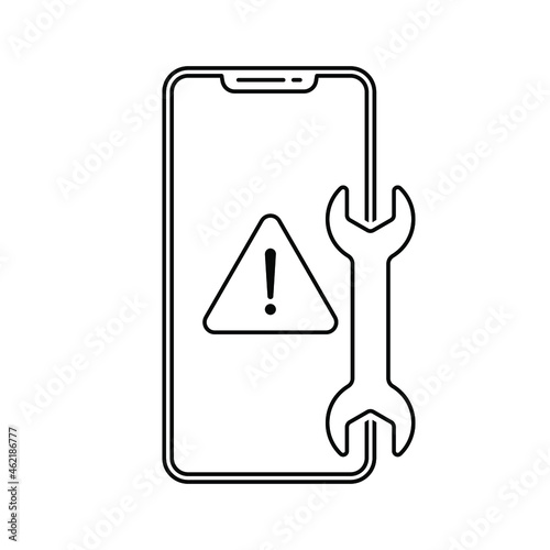 Smartphone repair icon. Wrench on mobile icon. Black linear icon. Vector illustration.