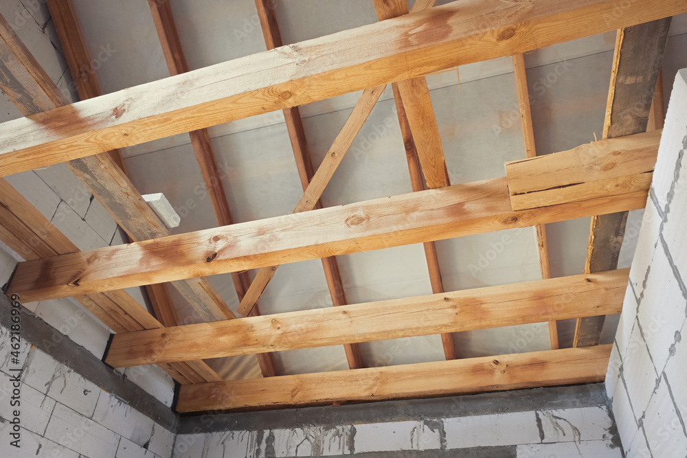 Roof roof structures. Wooden structures Roofing construction from wooden beams, logs