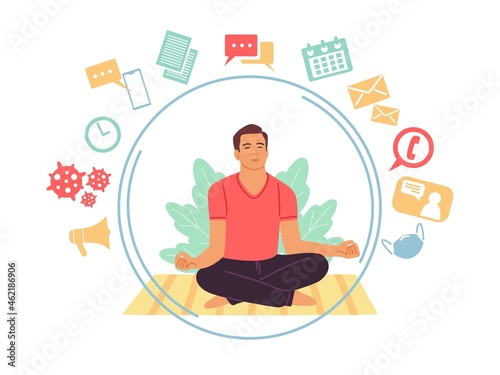 Information detox. Protection from unnecessary spam. Man meditates in lotus pose. Force field protects against disinformation. Negative news rejection. Vector digital detoxification