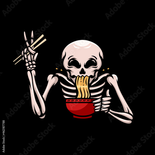 Skull enjoying ramen or noodle illustration design