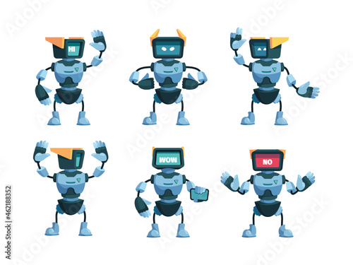Robot collection. Funny robotic androids in action poses game characters standing jumping futuristic steel body parts garish vector flat illustrations photo