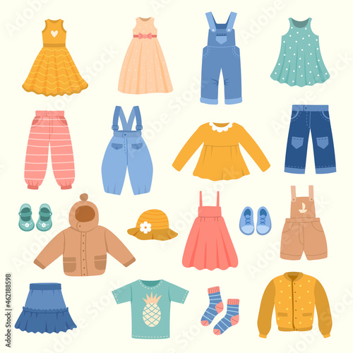 Kids clothes. Modern casual fashioned stylish textile pants jackets shirts sweater for children recent vector illustrations in flat style © ONYXprj