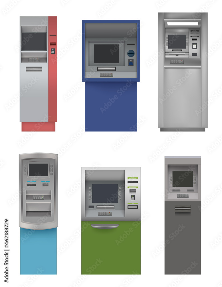 Cash machines. Atm payments automated bank services screen display of atm decent vector realistic pictures set isolated Cash machines. Atm payments automated bank services screen display of atm decent vector realistic pictures set isolated
