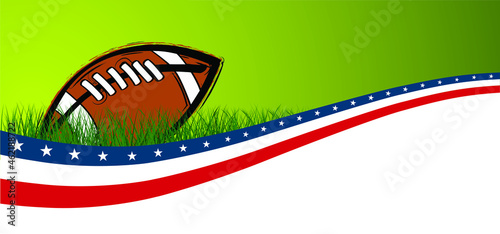 American football on green grass field. Sport team game cup. Rugby ball day. Super bowl weekend party. USA, sport finale, school games or on street. Vector template background sign. Flag pictogram