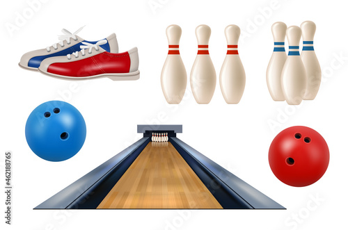 Bowling realistic. Gaming balls skittles specific shoes sneakers rating table result sport active game decent vector collection set isolated