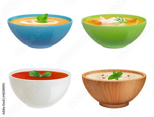 Bowls with soup. Gazpacho chicken puree soup with fish decent vector containers with liquid products