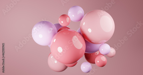 Abstract composition with 3d spheres cluster. Pink glossy realistic bubbles. Futuristic background of balls