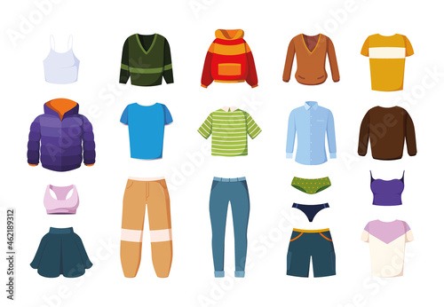 Clothes. Pants jeans dress jeans jackets trousers casual textile clothes for men and women garish vector colored pictures