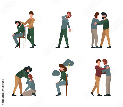Mental support. Mentally problems psychological helping to people mind pain garish vector people friends medical specialists