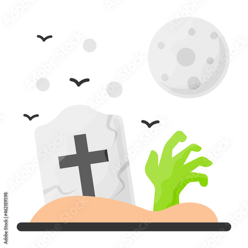 zombie hand in front of full moon with grave stone and bats Concept , Scary night Scene Vector Icon Design, Halloween costume Symbol, Holiday Celebrations Sign, Saints Eve festivals Stock illustration