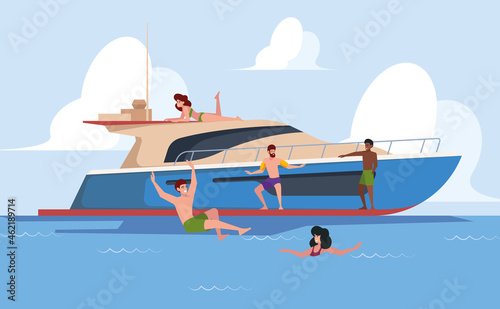 Relax on yacht. People dancing on ship beach dancing on cruise boat party in ocean garish vector flat background